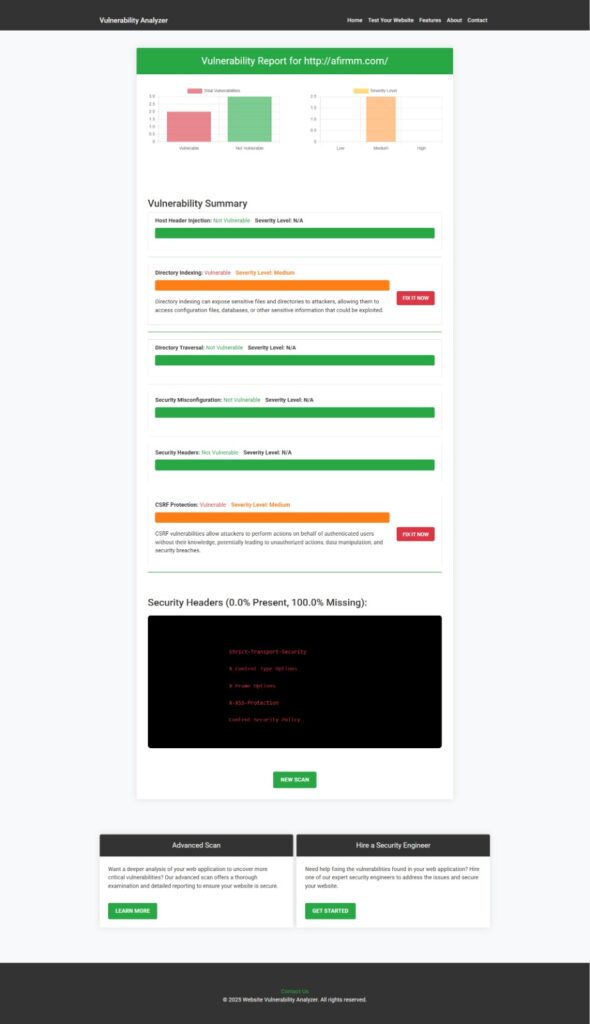 An example of a vulnerability assessment report generated with our free tool provides insights into possible vulnerabilities.